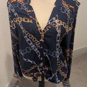 Chain Print Button-Up Blouse